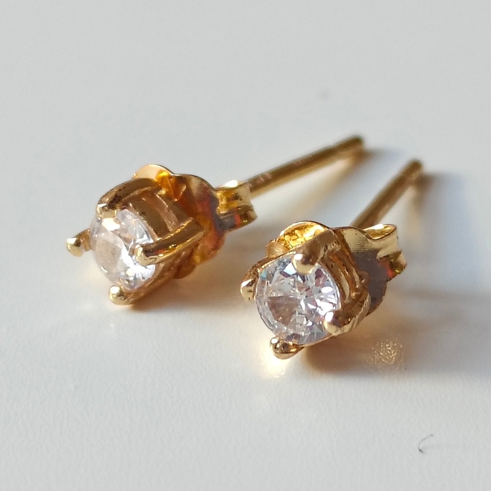 Vintage FAS 925 Sterling Silver Gold Plated Round Clear Stone Stud Earrings 3mm
